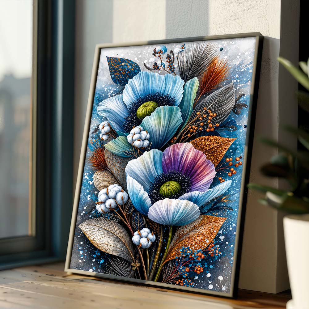 5D Diamond Painting – Eisblaue Blütenpoesie
