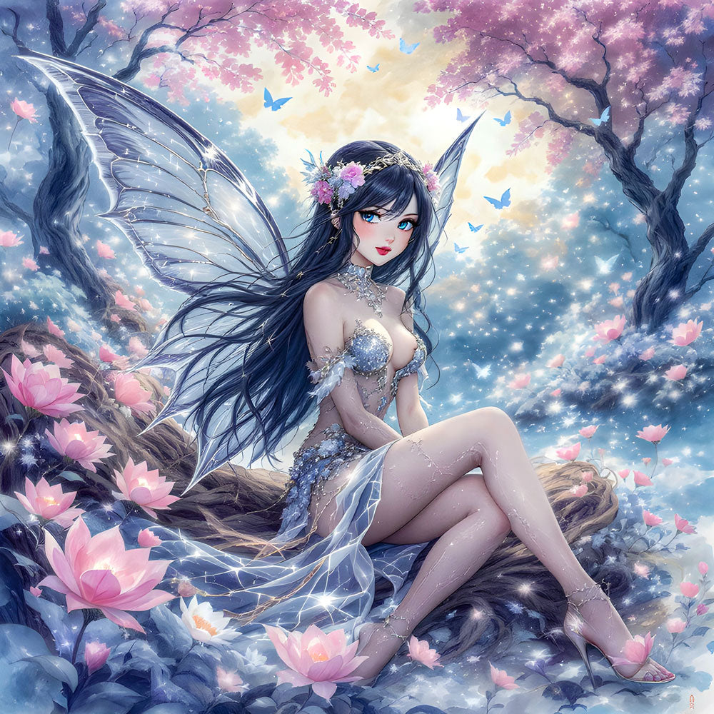 5D Diamond Painting – Elfenlicht Lyra im Kirschblütenhain Unique-Diamond