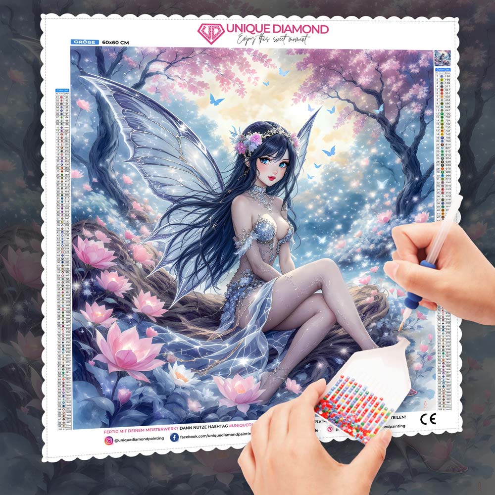 5D Diamond Painting – Elfenlicht Lyra im Kirschblütenhain Unique-Diamond