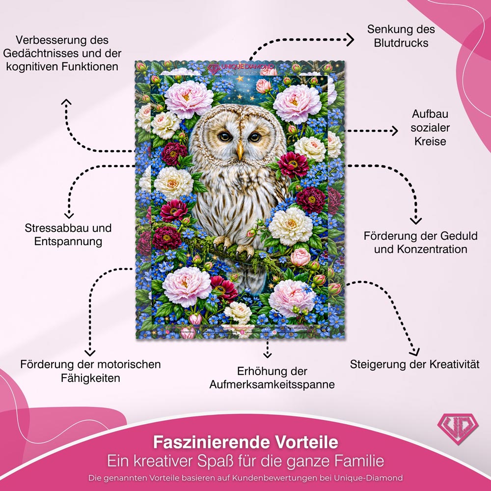 5D Diamond Painting – Eule im Garten der Sternenblüten