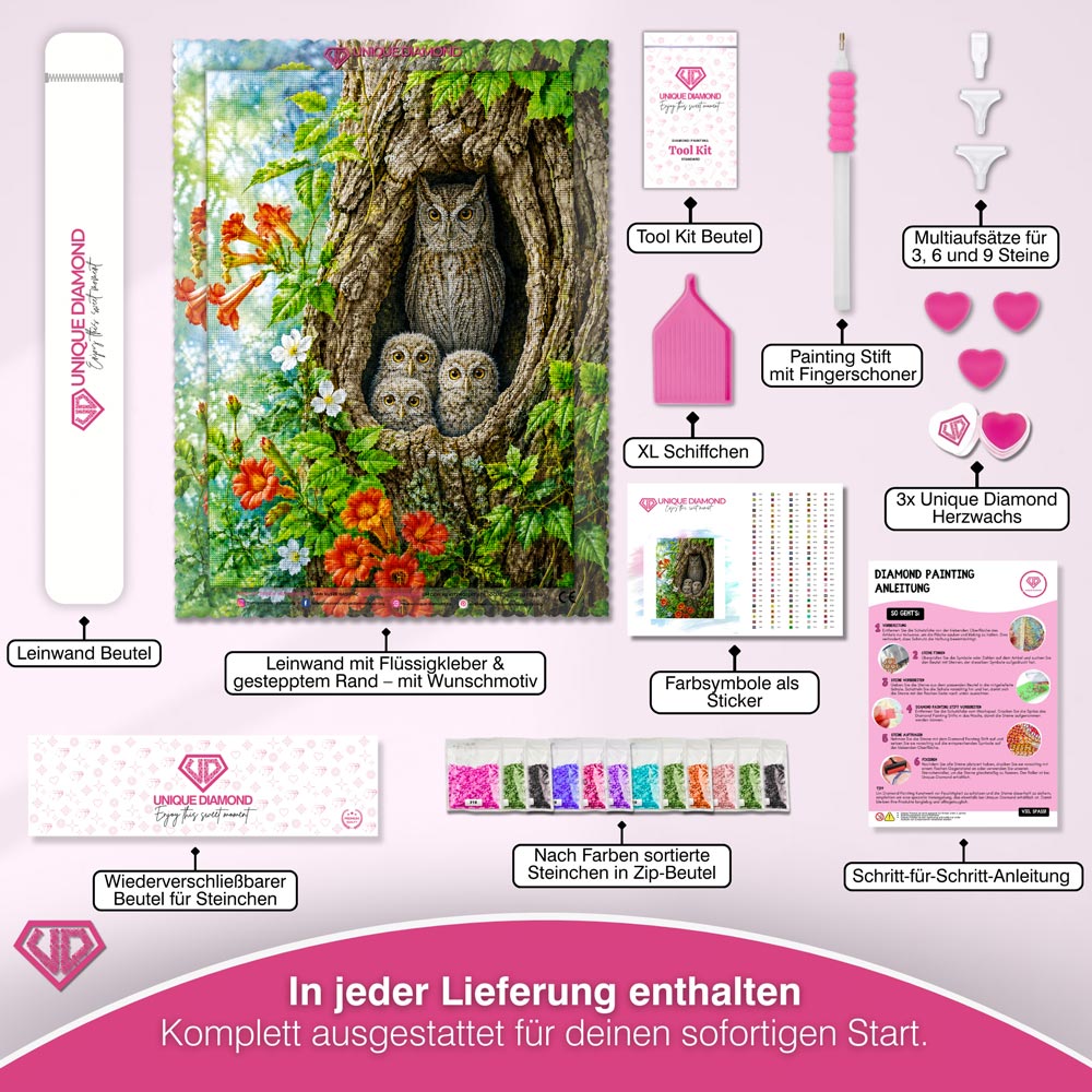 5D Diamond Painting – Eulenfamilie im Baumversteck
