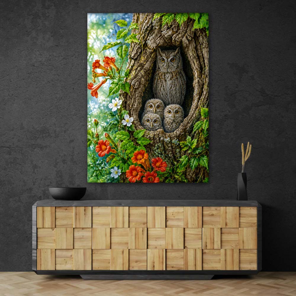 5D Diamond Painting – Eulenfamilie im Baumversteck