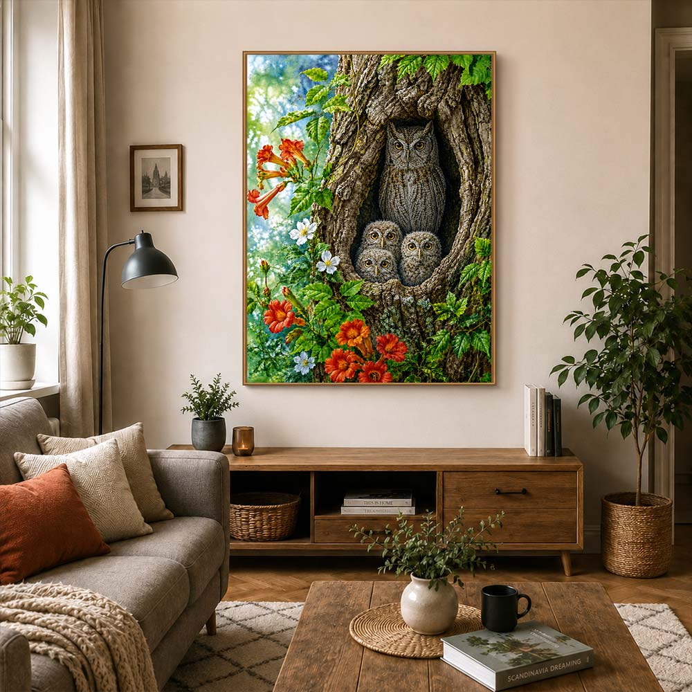 5D Diamond Painting – Eulenfamilie im Baumversteck