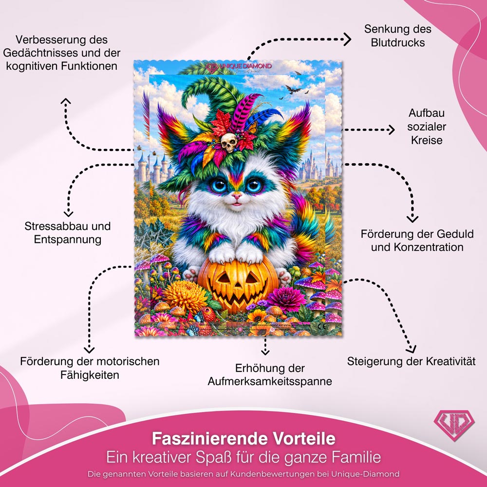 5D Diamond Painting – Farbenfrohe Halloween-Katze im Zaubergarten