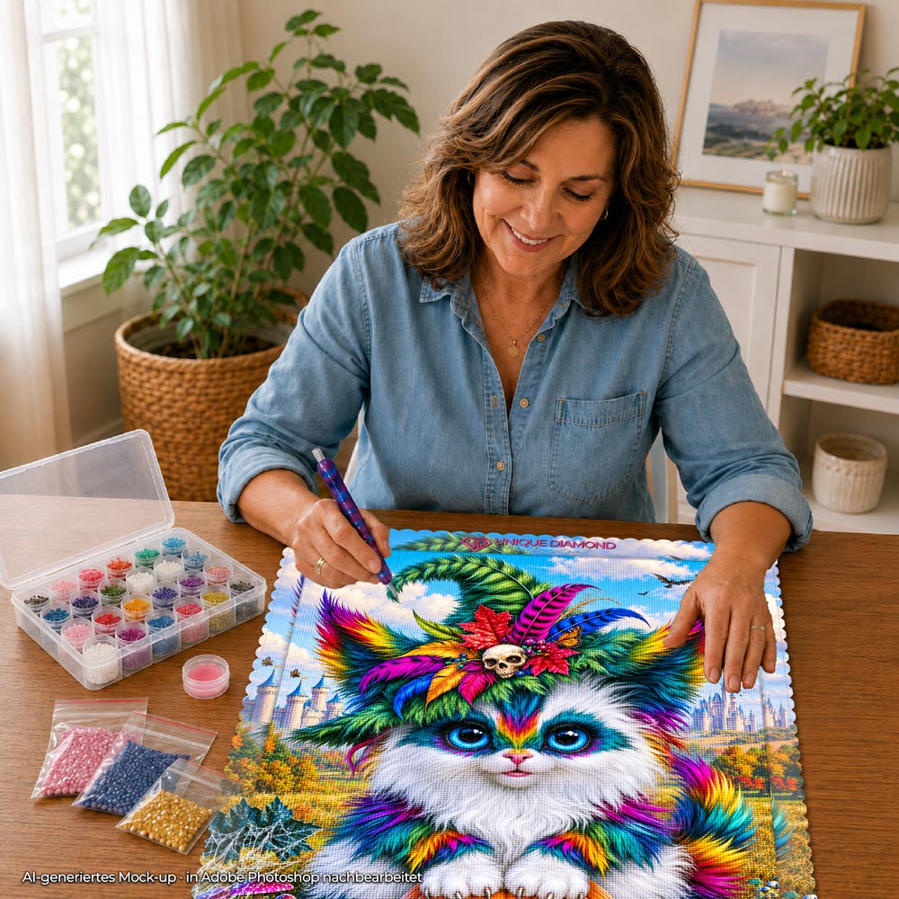 5D Diamond Painting – Farbenfrohe Halloween-Katze im Zaubergarten