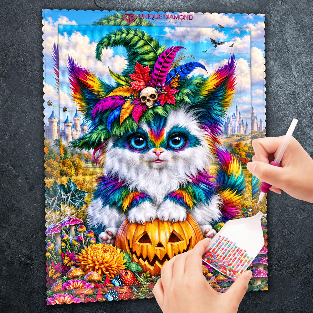 5D Diamond Painting – Farbenfrohe Halloween-Katze im Zaubergarten