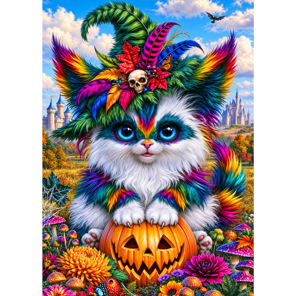 5D Diamond Painting – Farbenfrohe Halloween-Katze im Zaubergarten | Unique Diamond