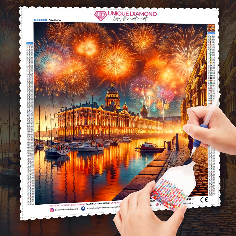 5D Diamond Painting – Feuerwerk über der Goldstadt Unique-Diamond