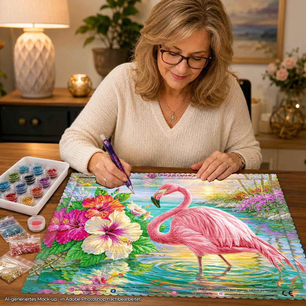 5D Diamond Painting – Flamingo im Hibiskusparadies