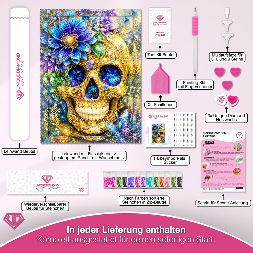 5D Diamond Painting – Florale Vanitas in Azur und Gold
