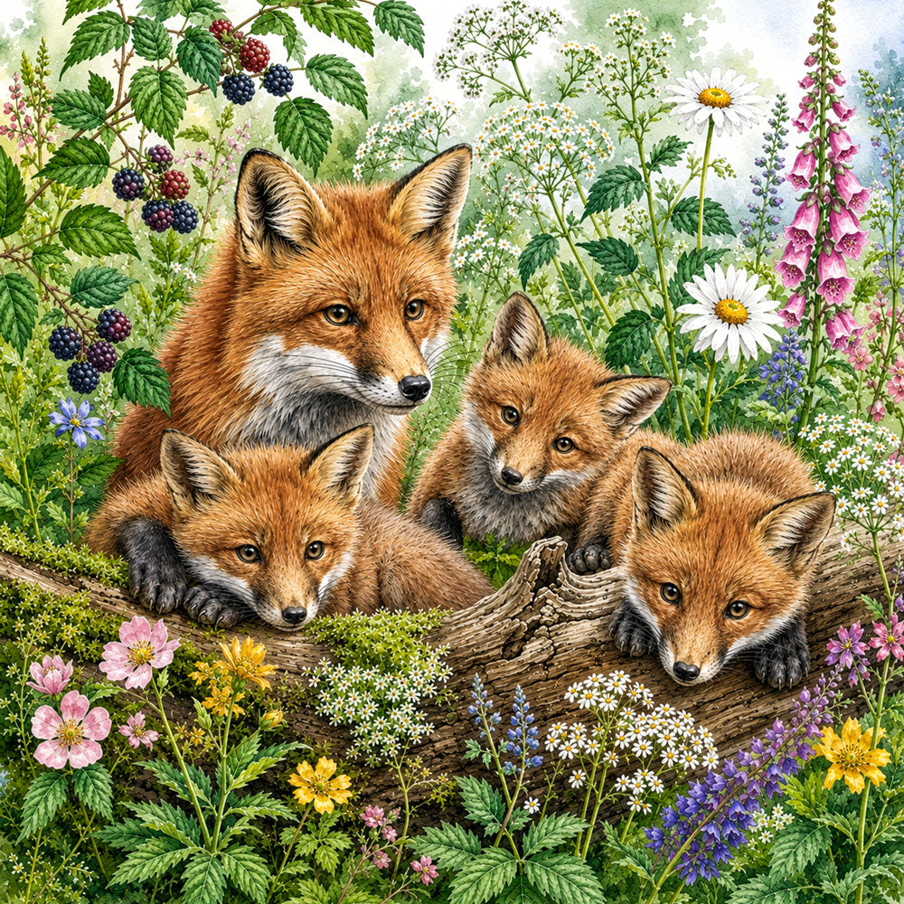 5D Diamond Painting – Fuchsfamilie im Blütenhain | Unique Diamond