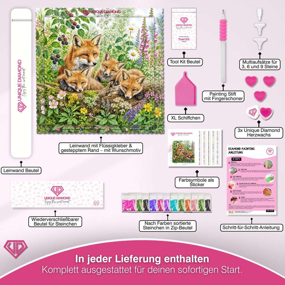 5D Diamond Painting – Fuchsfamilie im Blütenhain