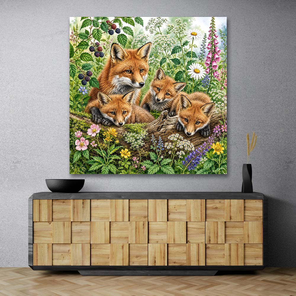 5D Diamond Painting – Fuchsfamilie im Blütenhain