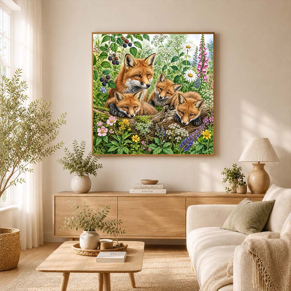 5D Diamond Painting – Fuchsfamilie im Blütenhain