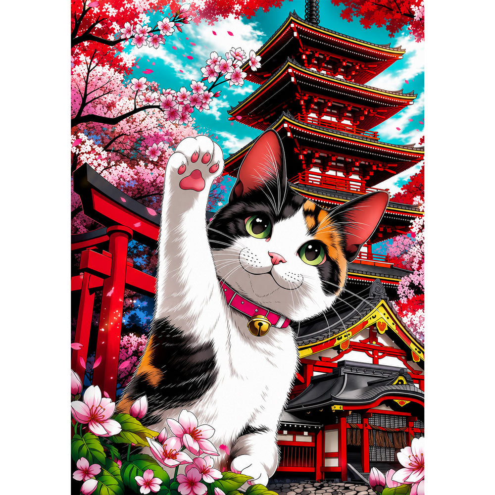 5D Diamond Painting – Glückskatze vor Sakura-Tempel | Unique Diamond