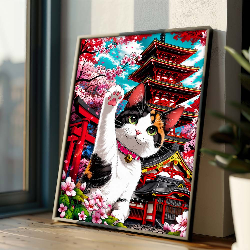 5D Diamond Painting – Glückskatze vor Sakura-Tempel
