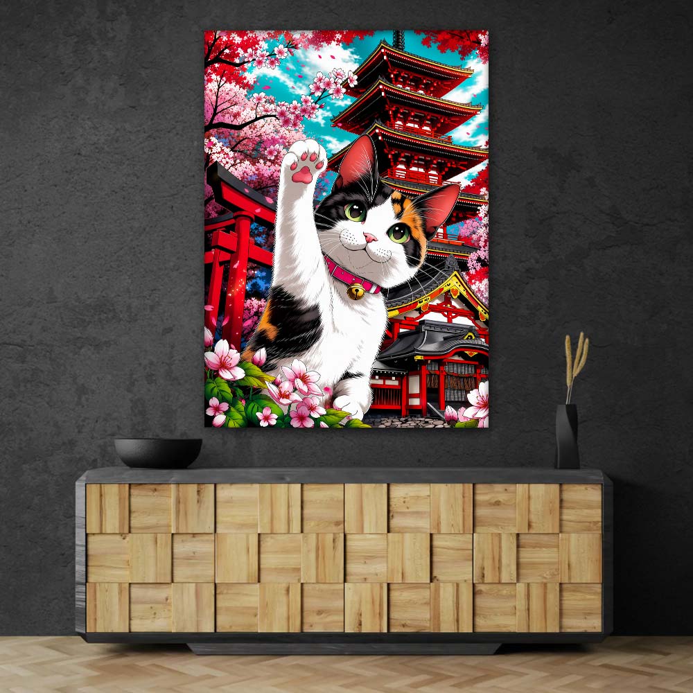 5D Diamond Painting – Glückskatze vor Sakura-Tempel