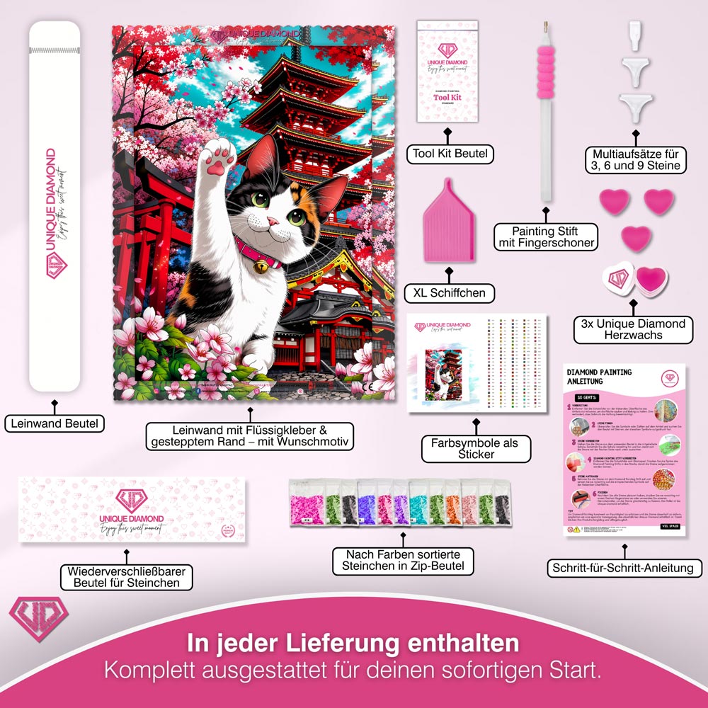 5D Diamond Painting – Glückskatze vor Sakura-Tempel