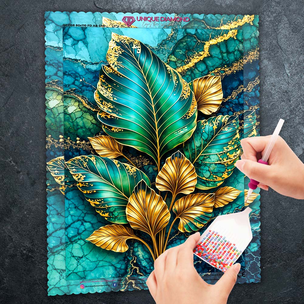 5D Diamond Painting – Golden Emerald Leaves