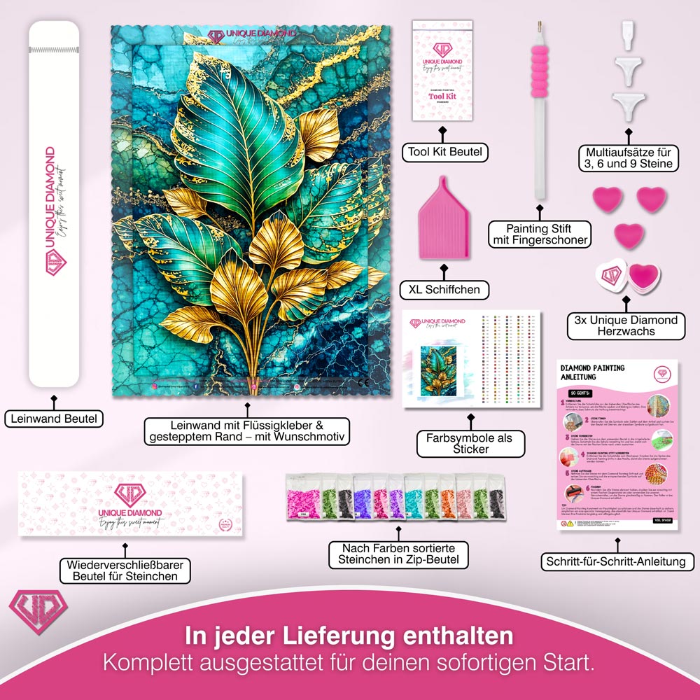 5D Diamond Painting – Golden Emerald Leaves