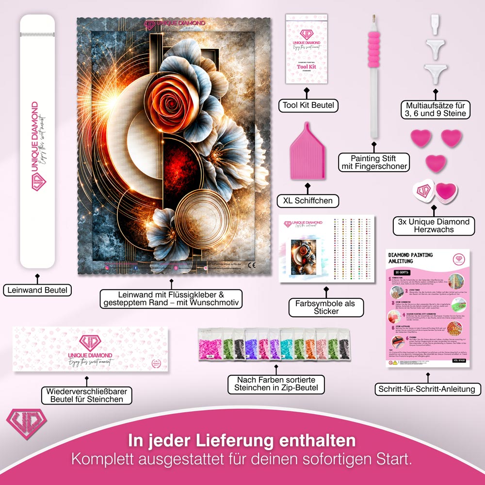 5D Diamond Painting – Goldene Harmonie der Blütenkreise