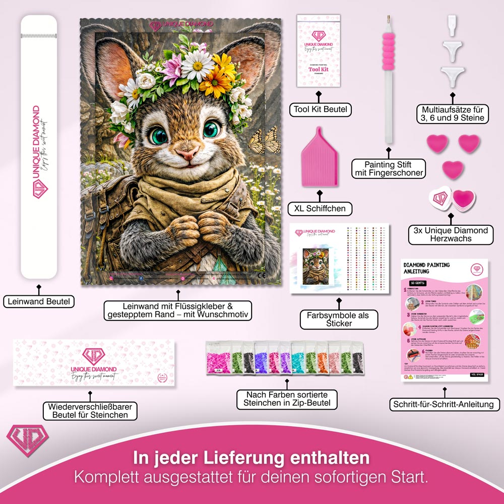 5D Diamond Painting – Häschen Lumo mit Blütenkranz