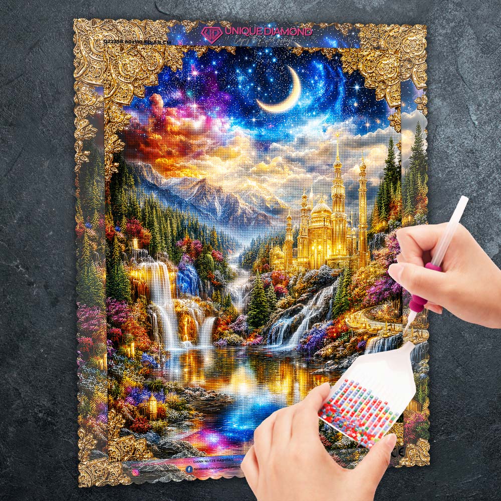 5D Diamond Painting – Himmlische Residenz der Goldenen Dämmerung