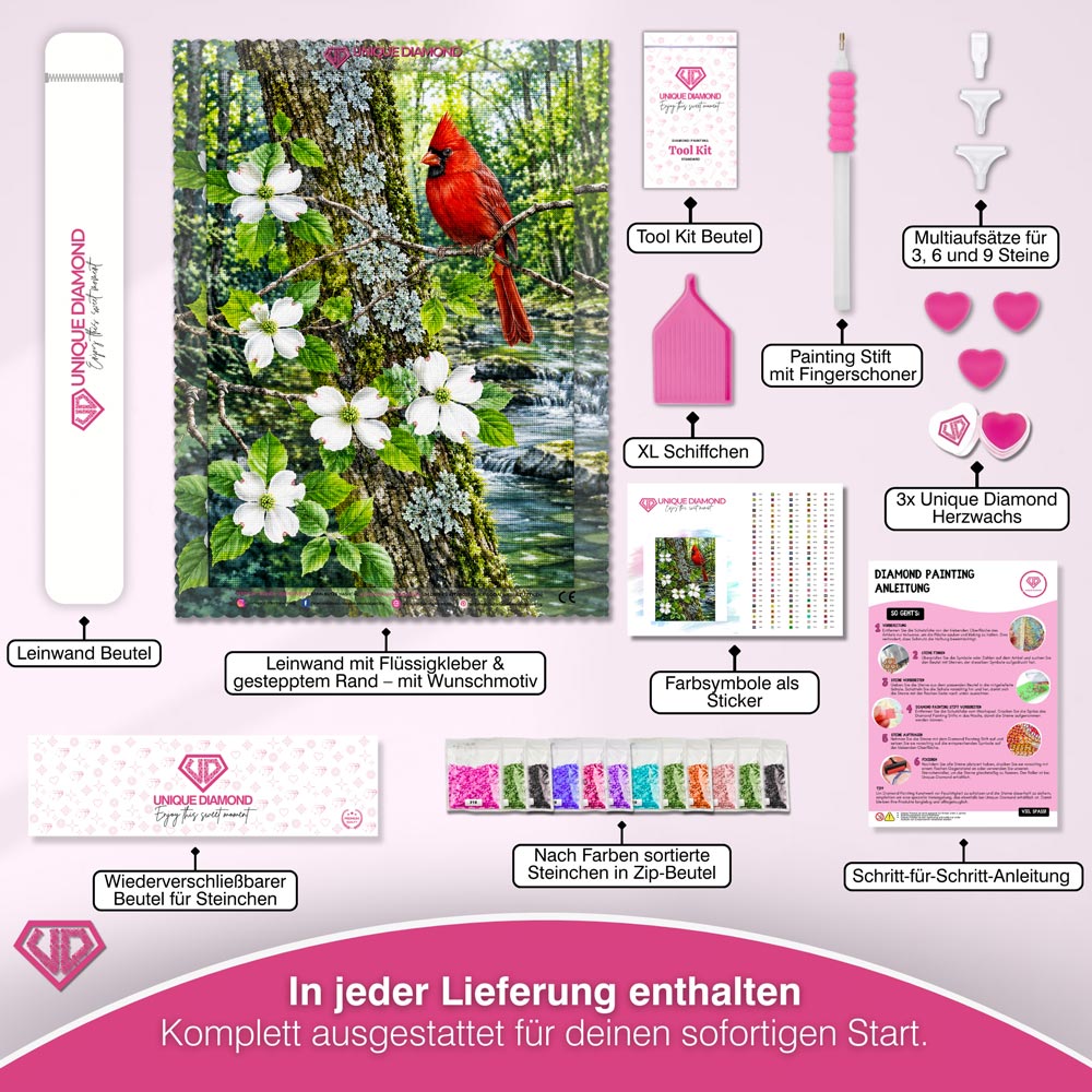 5D Diamond Painting – Kardinal im Blütenwald