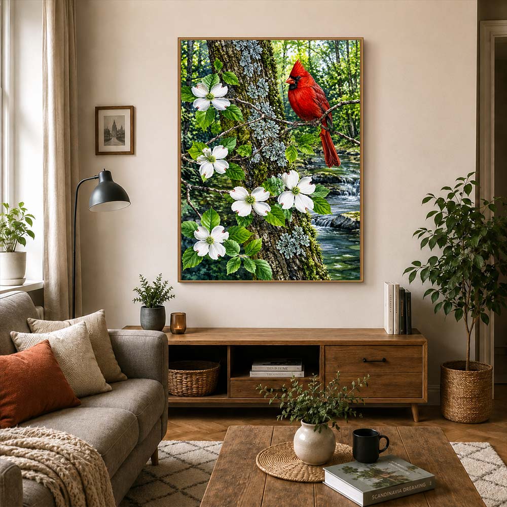 5D Diamond Painting – Kardinal im Blütenwald