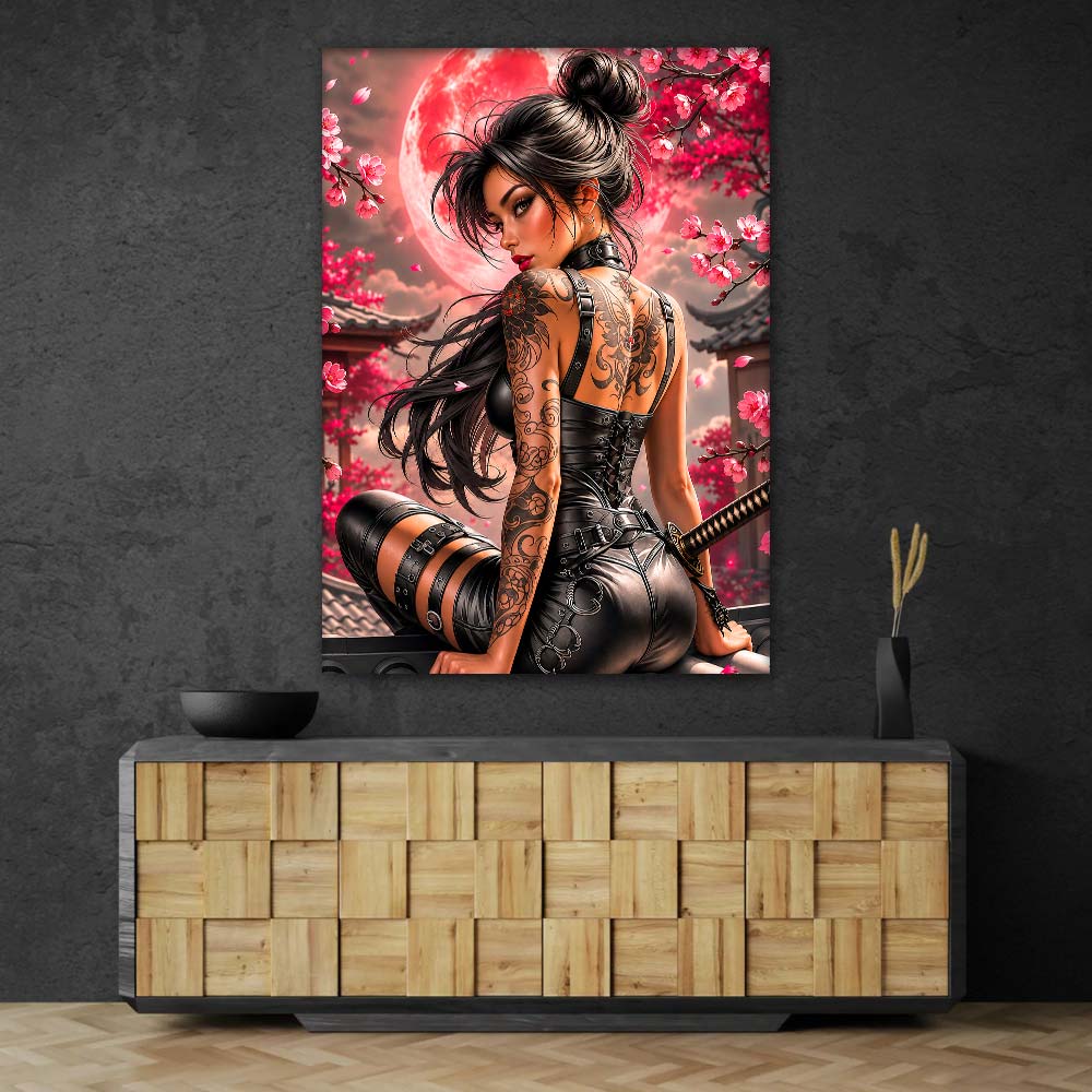 5D Diamond Painting – Kirschblütenkriegerin im roten Mondlicht