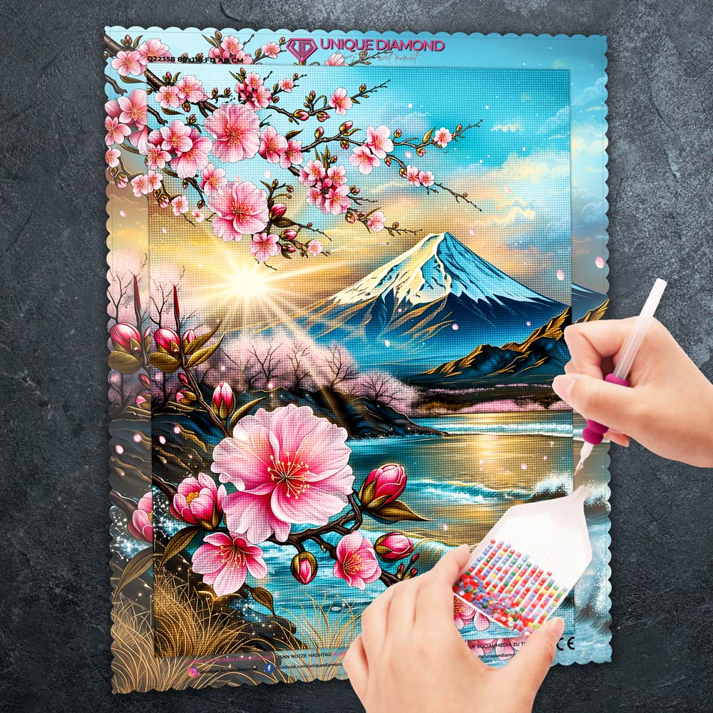 5D Diamond Painting – Kirschblütenzauber am Bergsee
