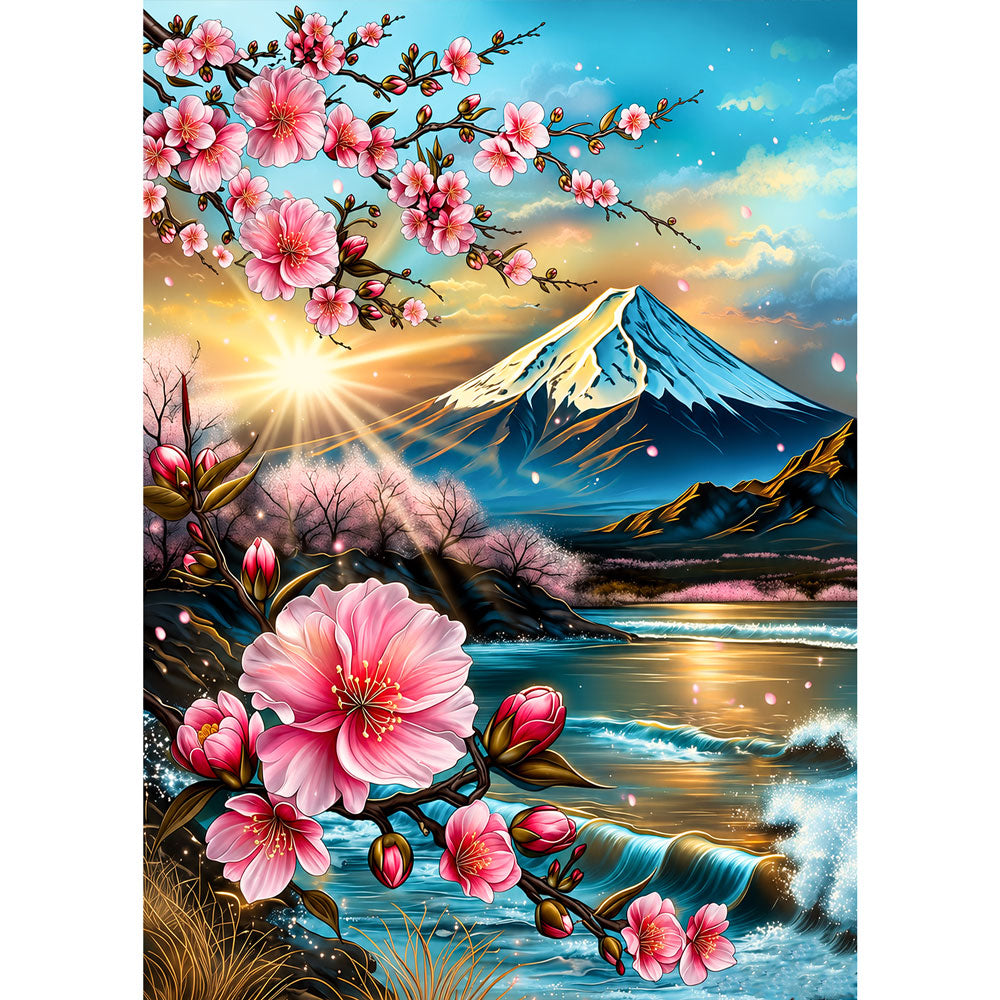 5D Diamond Painting – Kirschblütenzauber am Bergsee | Unique Diamond