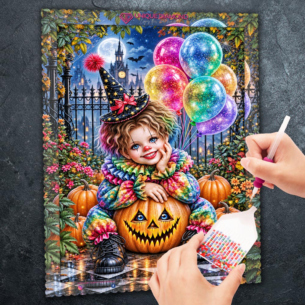 5D Diamond Painting – Kleiner Halloween-Clown im Kürbisgarten