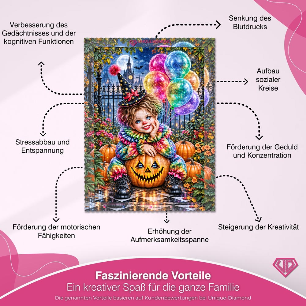 5D Diamond Painting – Kleiner Halloween-Clown im Kürbisgarten