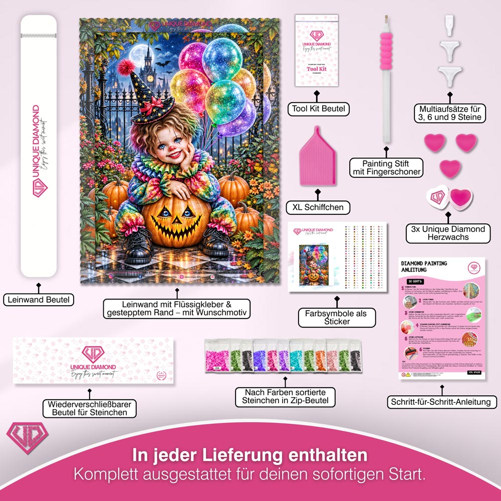 5D Diamond Painting – Kleiner Halloween-Clown im Kürbisgarten