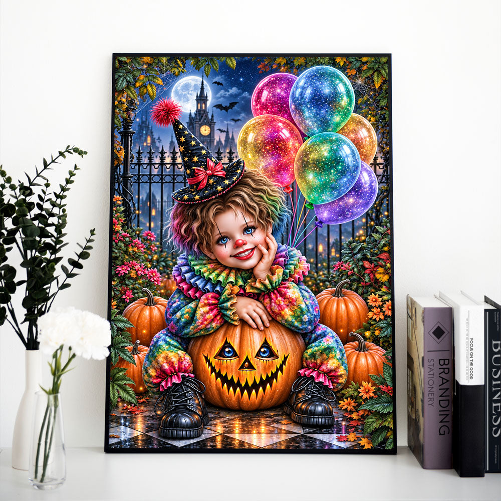 5D Diamond Painting – Kleiner Halloween-Clown im Kürbisgarten