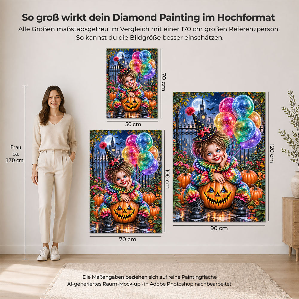 5D Diamond Painting – Kleiner Halloween-Clown im Kürbisgarten