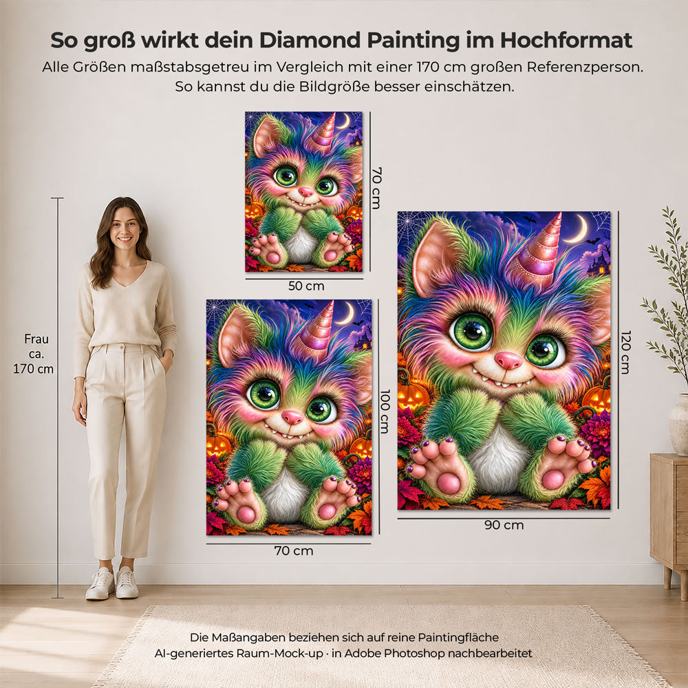 5D Diamond Painting – Kleines Regenbogenmonster im Halloweenzauber