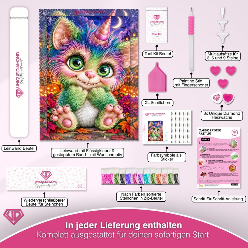 5D Diamond Painting – Kleines Regenbogenmonster im Halloweenzauber
