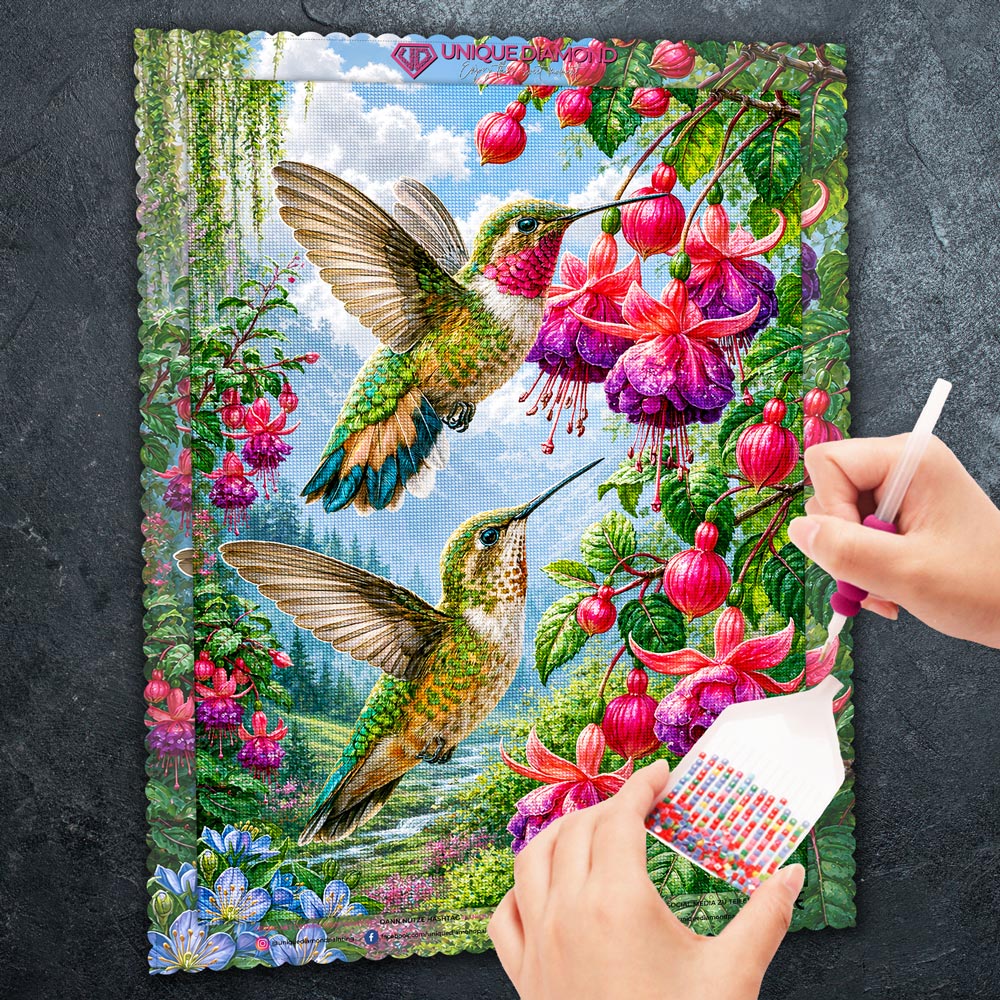 5D Diamond Painting – Kolibris im Fuchsiengarten