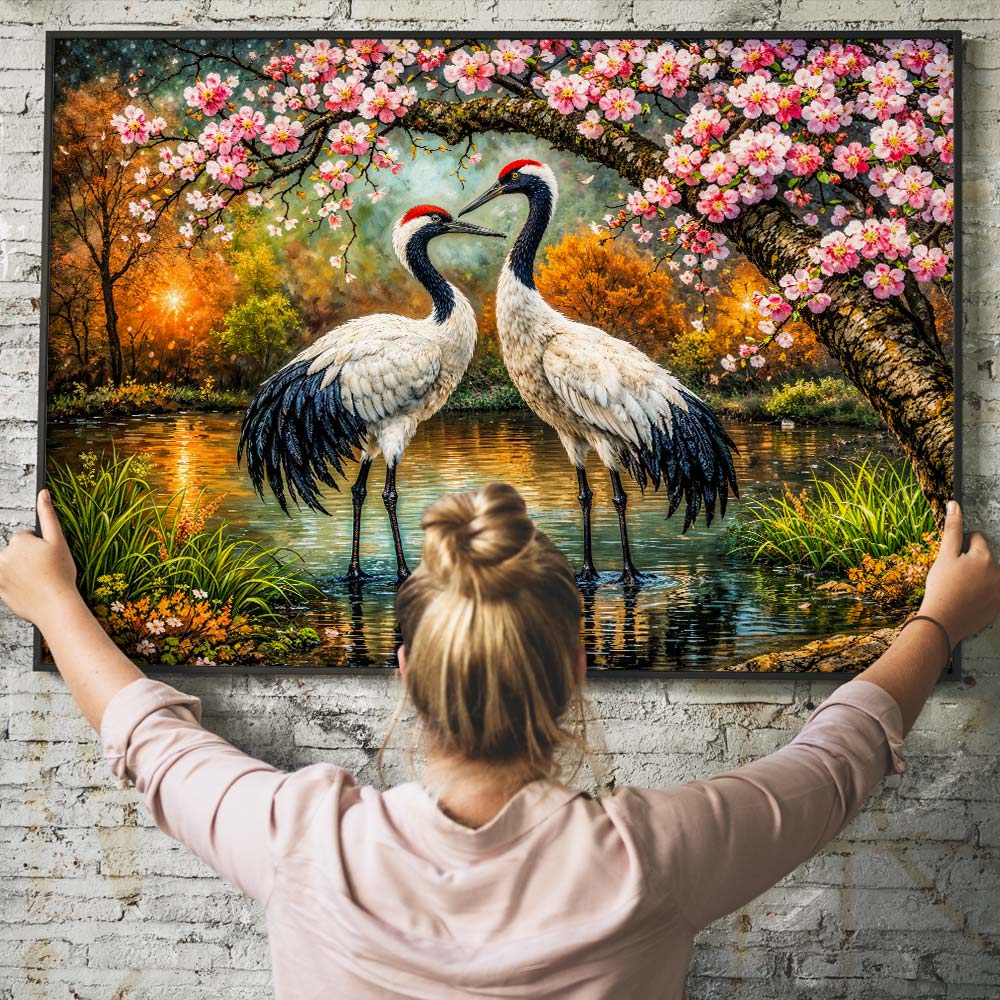 5D Diamond Painting – Kranichpaar Akira & Sora im Blütenzauber