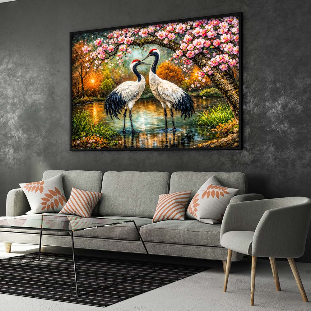 5D Diamond Painting – Kranichpaar Akira & Sora im Blütenzauber