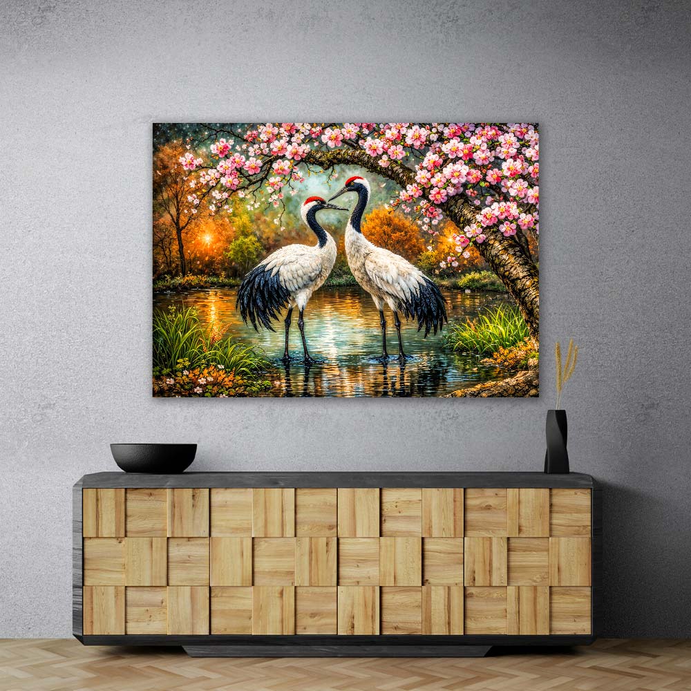 5D Diamond Painting – Kranichpaar Akira & Sora im Blütenzauber