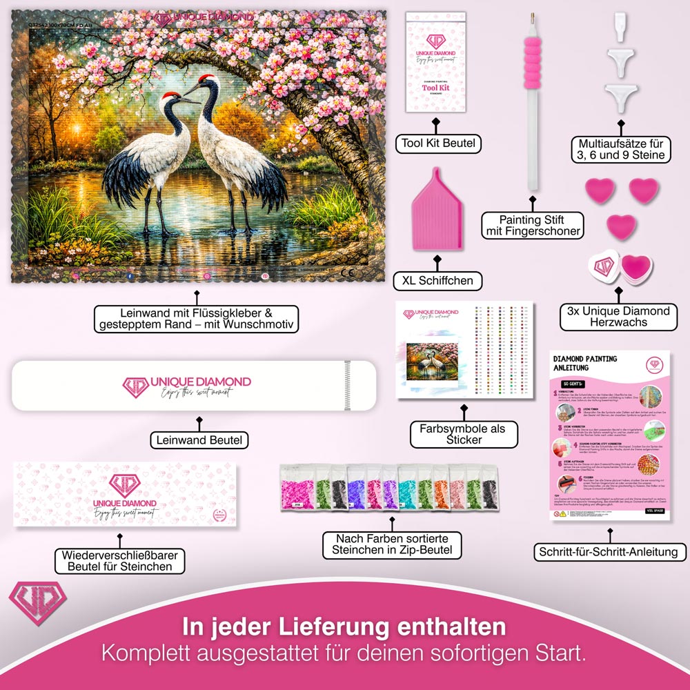 5D Diamond Painting – Kranichpaar Akira & Sora im Blütenzauber