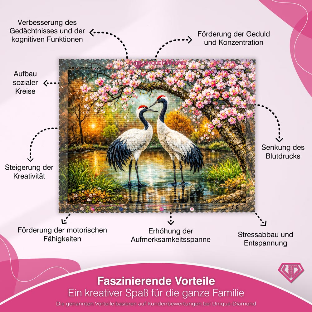 5D Diamond Painting – Kranichpaar Akira & Sora im Blütenzauber