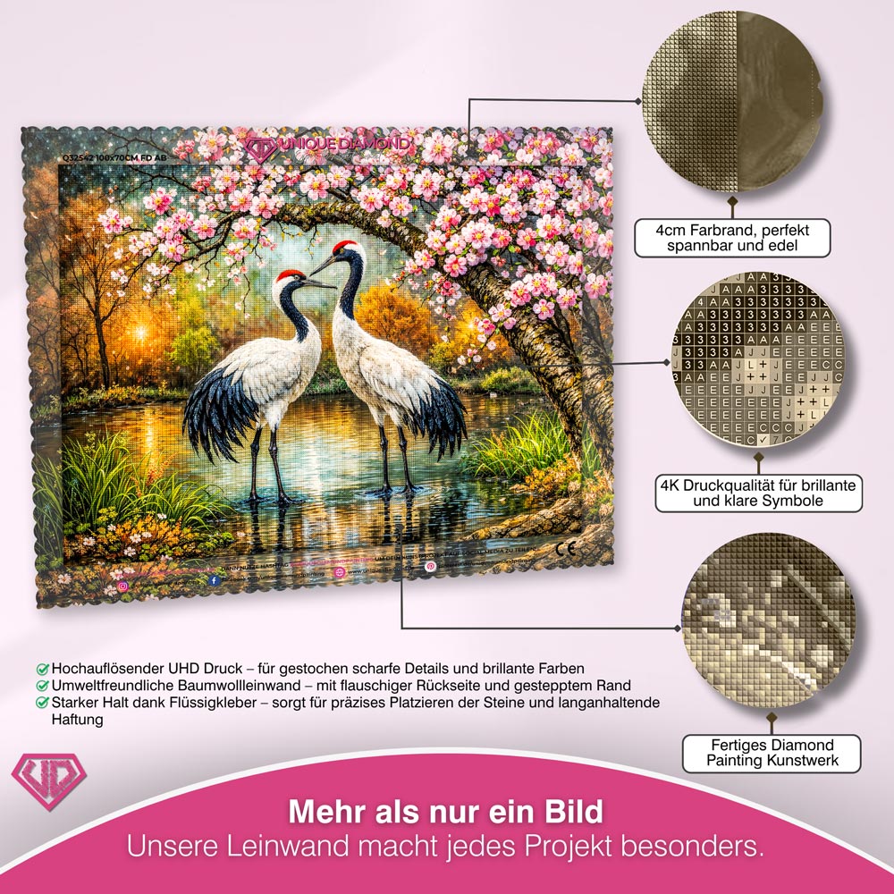 5D Diamond Painting – Kranichpaar Akira & Sora im Blütenzauber