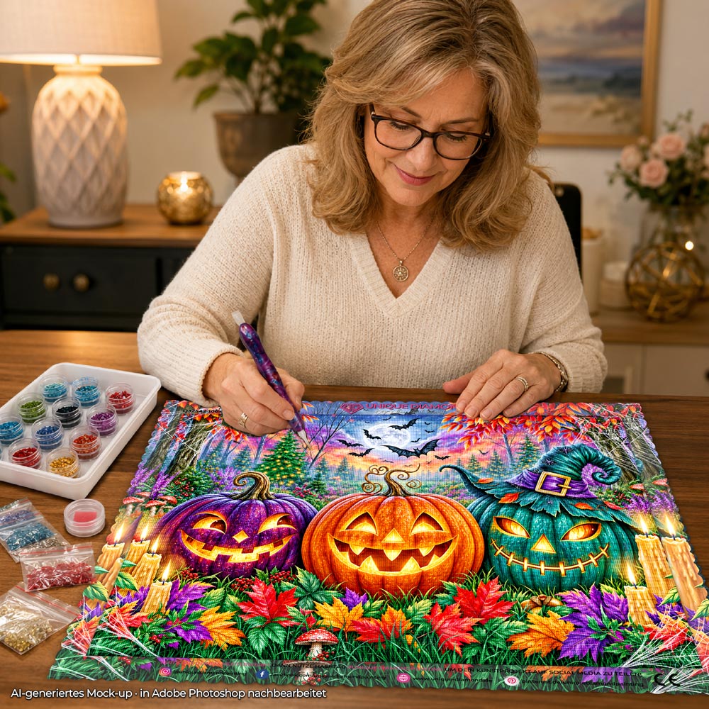 5D Diamond Painting – Kürbislichter im verzauberten Herbstwald
