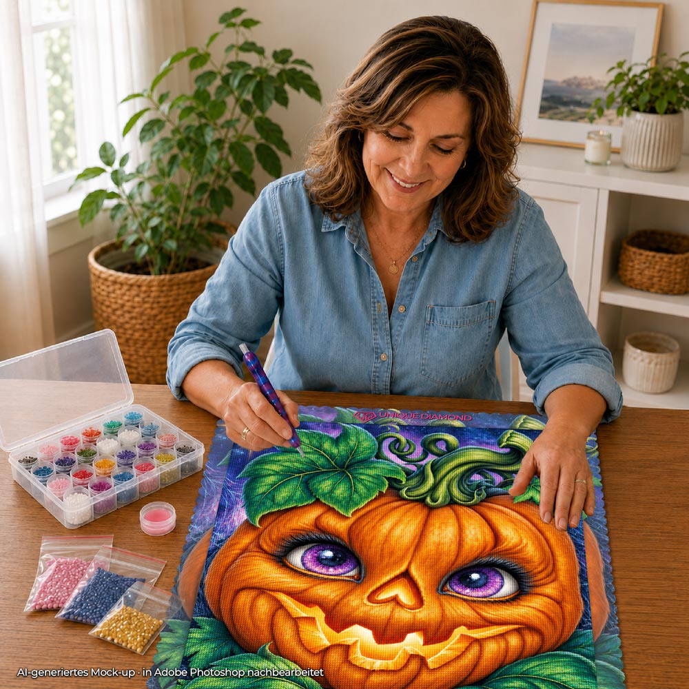 5D Diamond Painting – Kürbiszauber mit violetten Augen