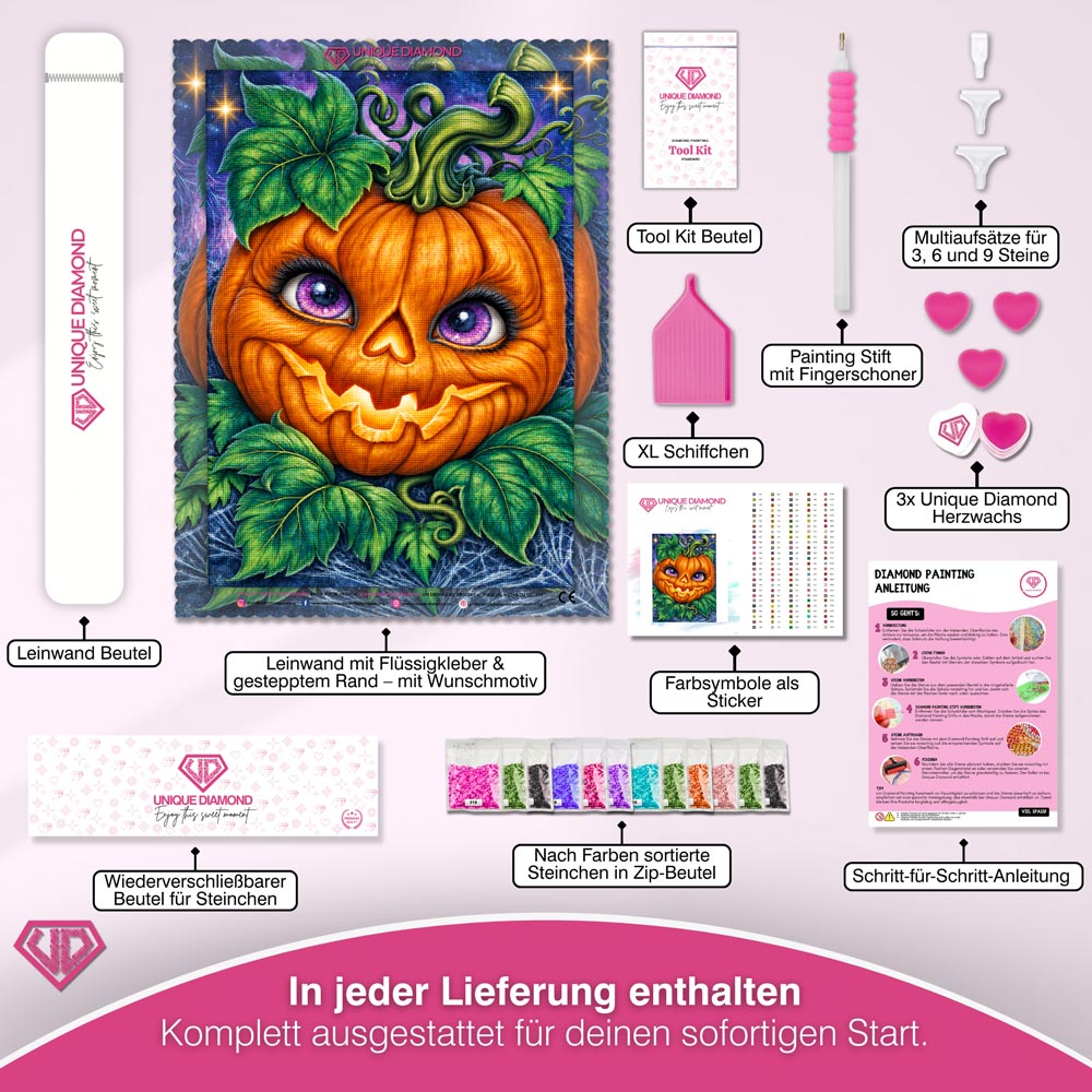 5D Diamond Painting – Kürbiszauber mit violetten Augen
