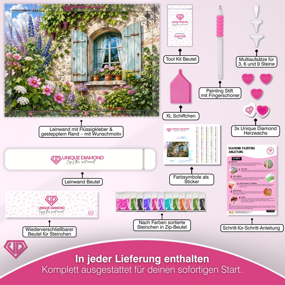 5D Diamond Painting – Landhausfenster voller Blütenzauber